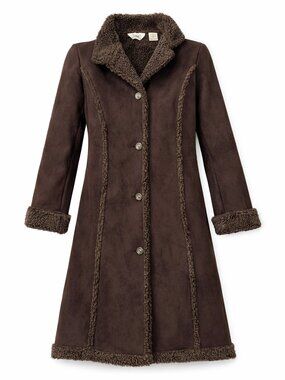 LL Bean Faux Shearling Long Coat Brown Womens Medium